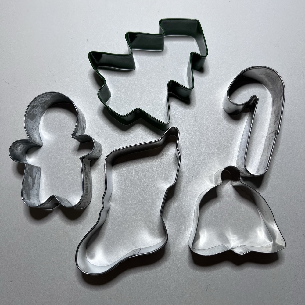5 Vtg Metal Christmas Cookie Cutters‎ Gingerbread Candy Cane Stocking Bell Tree